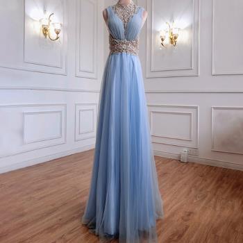 【女神婚紗禮服】 高端夢幻藍色時尚氣質重手工晚禮服