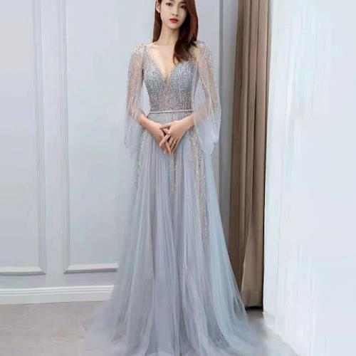【女神婚紗禮服】 高端飛飛袖遮手臂大氣優雅重手工晚禮服