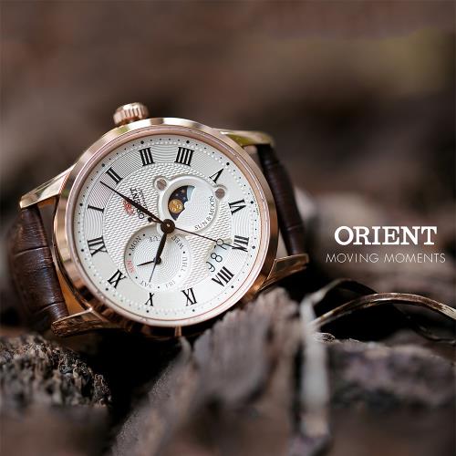 ORIENT 東方錶 Sun &amp; Moon 系列 日月相機械錶-玫瑰金x咖啡/42.5mm RA-AK0007S