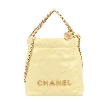 CHANEL 22 Mini Handbag菱格紋縫線亮面小牛皮肩揹包(象牙黃)