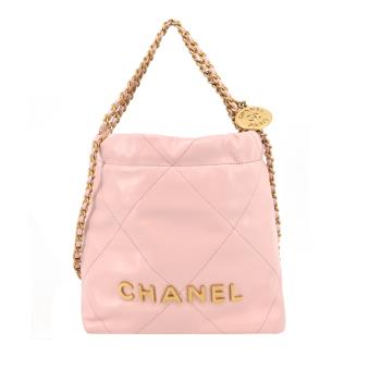 CHANEL 22 Mini Handbag菱格紋縫線亮面小牛皮肩揹包(玫瑰粉)