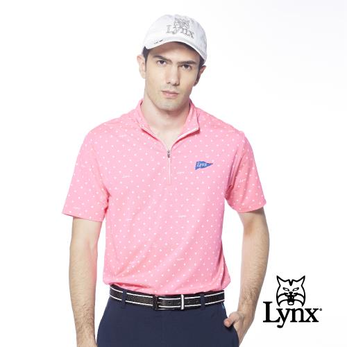 【Lynx Golf】男款吸濕排汗機能滿版星星船錨印花Lynx旗幟繡花短袖立領POLO衫螢光粉色會員獨享好康折扣活動POLO衫