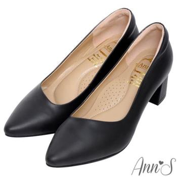 Ann’S通勤全素面-頂級綿羊皮真皮顯瘦斜口粗跟尖頭鞋5cm-黑