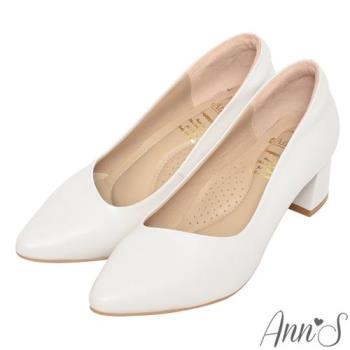 Ann’S通勤全素面-頂級綿羊皮真皮顯瘦斜口粗跟尖頭鞋5cm-白