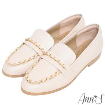 Ann’S經典風格MIT-小香風穿皮鍊頂級綿羊皮平底樂福鞋-杏