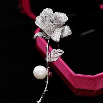 【巴黎精品】胸針玫瑰胸花-珍珠鋯石時尚別針男女飾品p1ao24