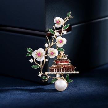 【巴黎精品】胸針珍珠胸花-中國風閣樓花朵鋯石女飾品p1ao29