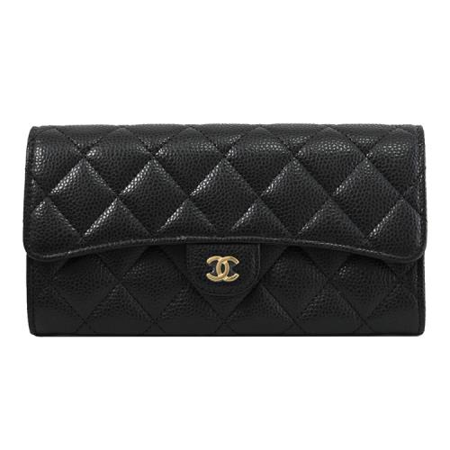 CHANEL AP0241 經典雙C LOGO菱格紋牛皮金扣發財長夾.黑