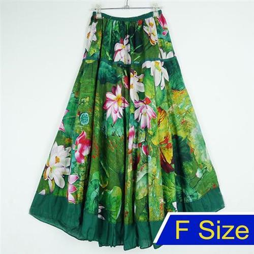 【韓國K.W.】度假風奇遇中長款印花裙(棉麻 跳舞裙 及膝裙 中大尺寸)