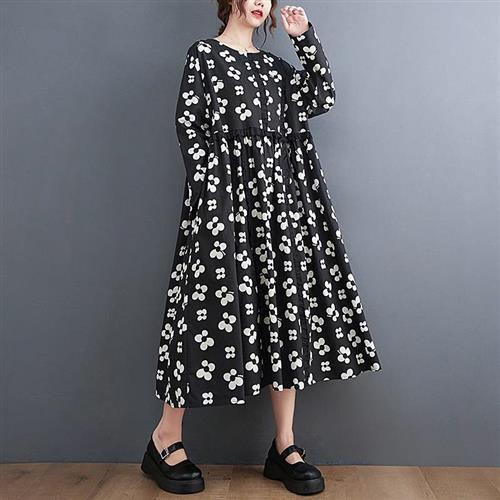 【巴黎精品】洋裝長袖連身裙-圓領花花寬鬆過膝女裙子a1ap29