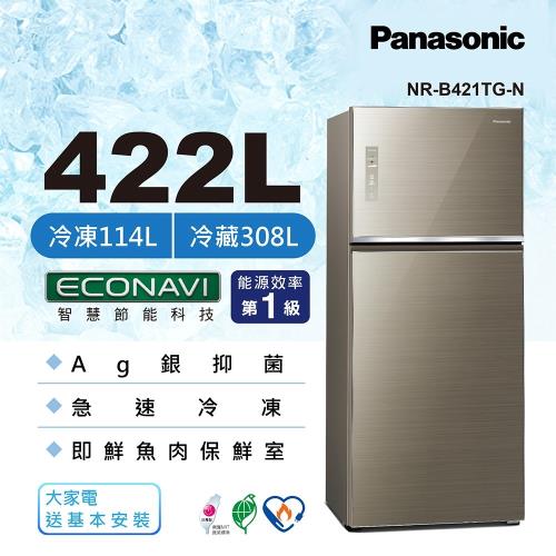 買就送快煮壺+1000商品卡+保鮮盒6入組 Panasonic 國際牌 422L  一級能效 雙門變頻冰箱(翡翠金)NR-B421TG-N-庫
