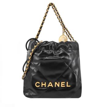 CHANEL 22 Mini Handbag菱格紋縫線亮面小牛皮肩揹包(黑色)