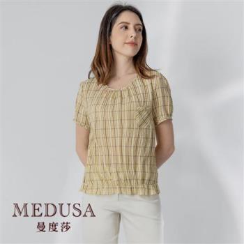 現貨【MEDUSA 曼度莎】台灣製 黃色格紋休閒上衣（M-2L）｜女上衣 短袖上衣 加大尺碼