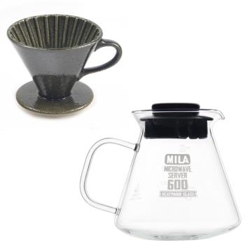 【MILA】日本製 織部燒 咖啡濾杯02-鐵織部釉(附MILA耐熱玻璃壺600ml)