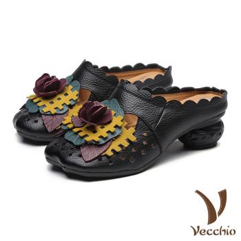 【VECCHIO】拖鞋 粗跟拖鞋/真皮復古民族風田園立體撞色花葉造型包頭粗跟拖鞋 黑