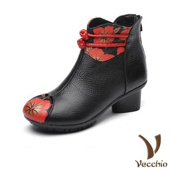 【VECCHIO】短靴 粗跟短靴/真皮復古中國風印花結釦造型粗跟短靴 黑