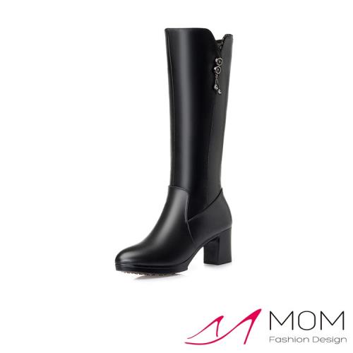 【MOM】長靴 真皮長靴/真皮保暖機能粗高跟時尚流蘇裝飾長靴 黑