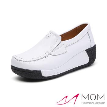 【MOM】休閒鞋 厚底休閒鞋/真皮復古縫線純色皮面造型厚底休閒鞋 白