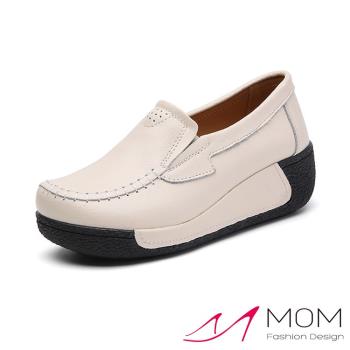【MOM】休閒鞋 厚底休閒鞋/真皮復古縫線純色皮面造型厚底休閒鞋 米