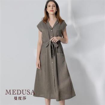 現貨【MEDUSA 曼度莎】大口袋翻領襯衫式綁帶洋裝（M-XL）｜洋裝 連身裙 綁帶洋裝