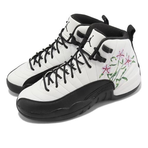 Nike Air Jordan 12 Retro GS 大童鞋女鞋白黑花緩震Floral 刺繡DR6956