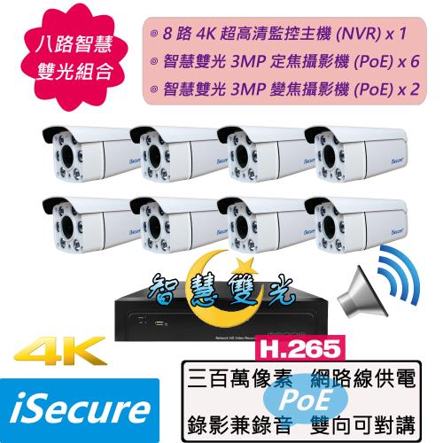 iSecure_八路智慧雙光監視器組合: 一部八路 4K 超高清網路型監控主機 (NVR) + 八部智慧雙光 3MP 子彈型網路攝影機 (PoE)
