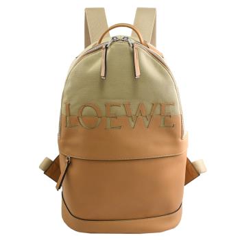 LOEWE Round 小牛皮拼接帆布雙肩休閒後背包.淺褐