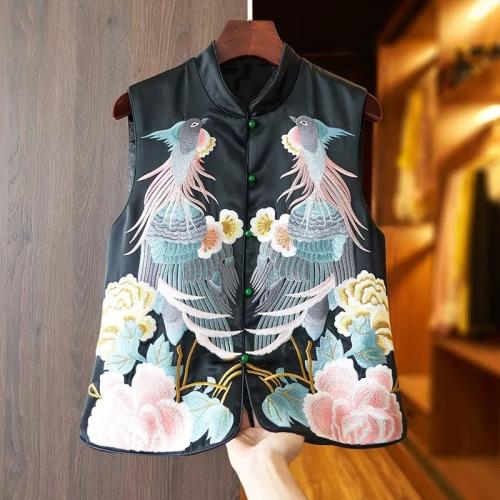 高級感黑色醋酸緞面馬甲背心女重工刺繡寬松改良中式國風盤扣上衣