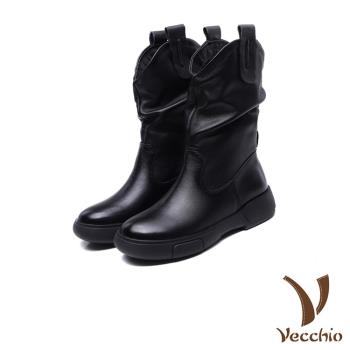 【VECCHIO】中筒靴 真皮中筒靴/全真皮頭層牛皮純色素面復古百搭騎士中筒靴 黑