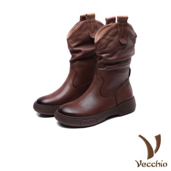 【VECCHIO】中筒靴 真皮中筒靴/全真皮頭層牛皮純色素面復古百搭騎士中筒靴 棕