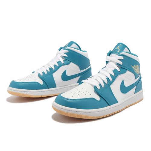 Nike 休閒鞋Air Jordan 1 Mid 男鞋藍白中筒Aquatone 黃底AJ1 喬丹