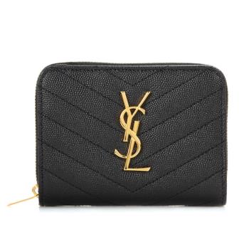 【YSL】Saint Laurent 經典金字 LOGO粒面壓紋 山形紋對開短夾