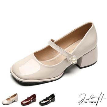 【J&H collection】法式復古一字珍珠粗跟女鞋(現+預 杏色 / 酒紅色 / 黑色)