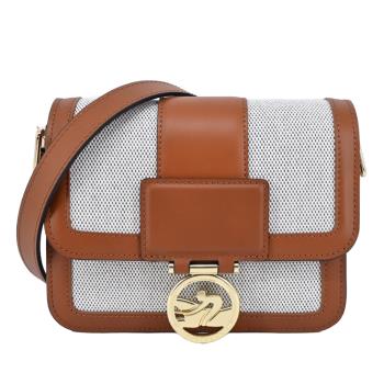 LONGCHAMP BOX-TROT系列小牛皮帆布拼接金屬LOGO翻蓋斜揹包(小/白蘭地酒)