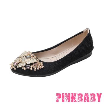 【PINKBABY】平底鞋 尖頭平底鞋/小尖頭優雅皺面滿鑽蝴蝶造型軟底平底鞋 黑