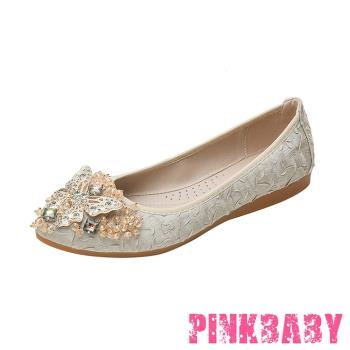 【PINKBABY】平底鞋 尖頭平底鞋/小尖頭優雅皺面滿鑽蝴蝶造型軟底平底鞋 米