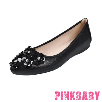 【PINKBABY】平底鞋 尖頭平底鞋/小尖頭閃耀亮片花朵造型軟底平底鞋 黑