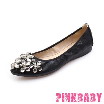 【PINKBABY】平底鞋 蛋捲鞋/小尖頭閃耀水鑽花朵造型軟底蛋捲鞋 平底鞋 黑