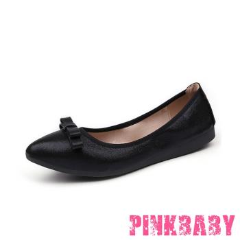 【PINKBABY】平底鞋 蛋捲鞋/小尖頭金屬亮皮蝴蝶結造型軟底平底鞋 蛋捲鞋 黑