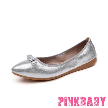 【PINKBABY】平底鞋 蛋捲鞋/小尖頭金屬亮皮蝴蝶結造型軟底平底鞋 蛋捲鞋 銀