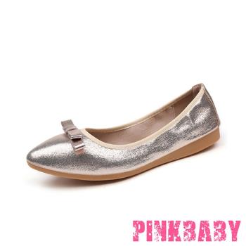 【PINKBABY】平底鞋 蛋捲鞋/小尖頭金屬亮皮蝴蝶結造型軟底平底鞋 蛋捲鞋 金