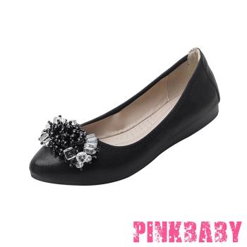 【PINKBABY】平底鞋 蛋捲鞋/小尖頭水晶珠串墜造型軟底平底鞋 蛋捲鞋 黑