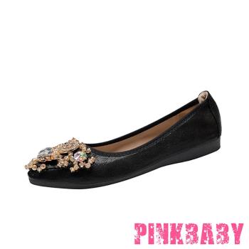 【PINKBABY】平底鞋 蛋捲鞋/小尖頭優雅閃鑽天鵝造型軟底平底鞋 蛋捲鞋 黑