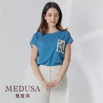 現貨【MEDUSA 曼度莎】後雪紡拼接 藍色貓咪T恤（M-XL）｜女上衣 女短袖上衣 拼接