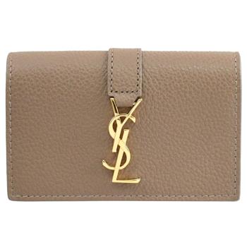 YSL 613334 經典LOGO荔枝牛皮六孔鑰匙卡片包.灰褐