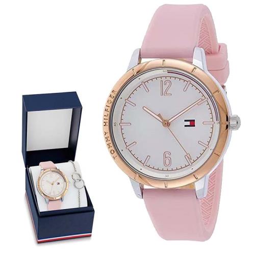 【Tommy Hilfiger】2770152 都會潮流 簡約三針 膠錶帶女錶 手環套組 白/玫瑰金 38mm