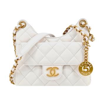 CHANEL Hobo Bag 經典雙C LOGO菱格紋小牛皮流浪包(白色)