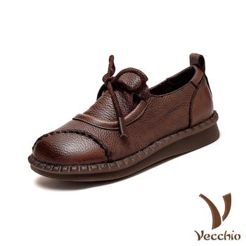 【VECCHIO】休閒鞋 平底休閒鞋/全真皮頭層牛皮深口擦色復古繫帶縫線造型平底休閒鞋 棕