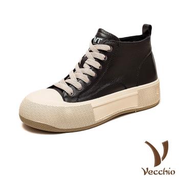 【VECCHIO】休閒鞋 厚底休閒鞋/全真皮頭層牛皮復古擦色繽紛高筒厚底休閒鞋 黑