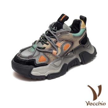 【VECCHIO】老爹鞋 運動鞋/全真皮頭層牛皮寬楦繽紛網布拼接厚底個性老爹鞋 運動鞋 黑